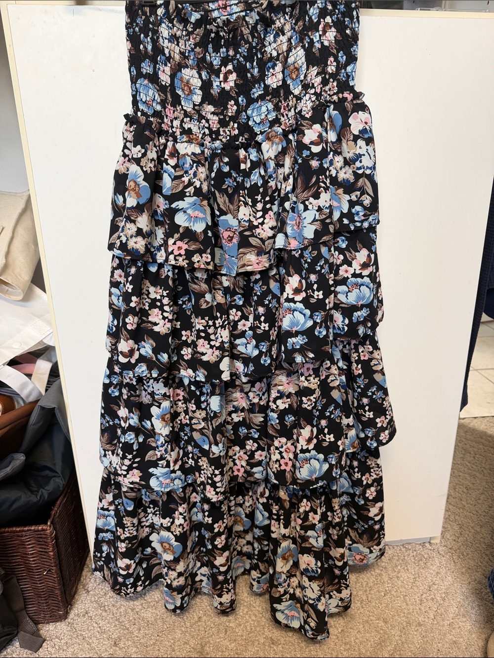 Black Floral Tiered Maxi Skirt with Blue and Pink Accents
